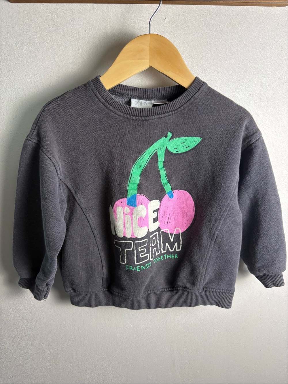 Zara Charcoal Sweatshirt with Pink & Green Cherry Graphic Size 2/3
